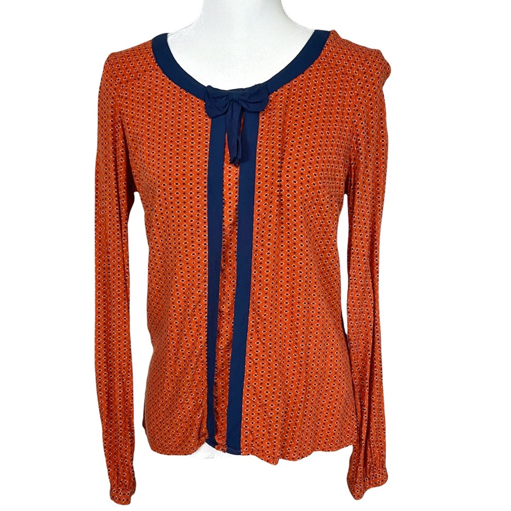4/$25 Vero Moda orange long sleeve blouse blue bow tie and dots small